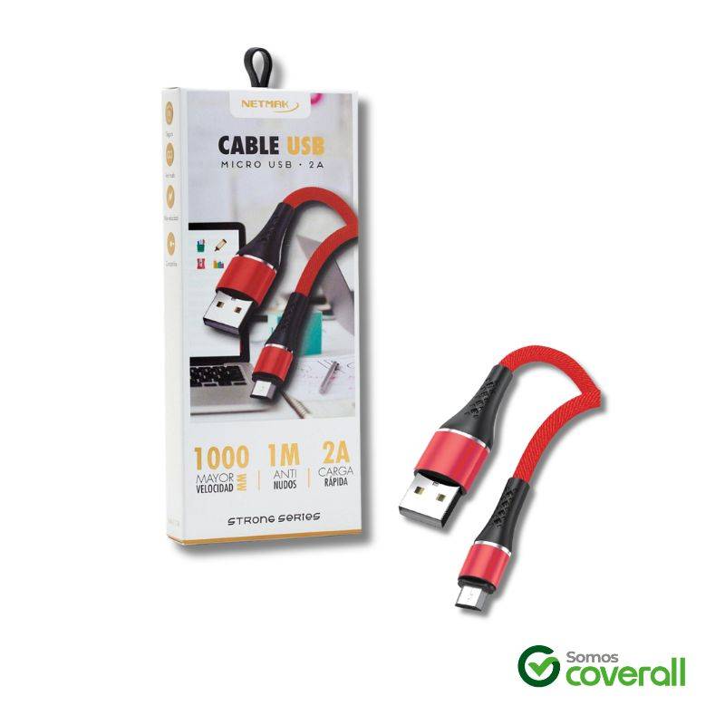 Cable De Datos Netmak Strong Series Usb 2.0 Micro Usb 2A Carga Rapida 1M Mallado Rojo