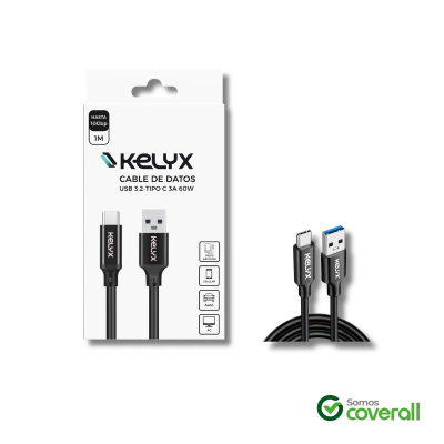 Cable De Datos Kelyx Usb 3.2 Usb C 3A 60W Carga Rapida 1M Negro