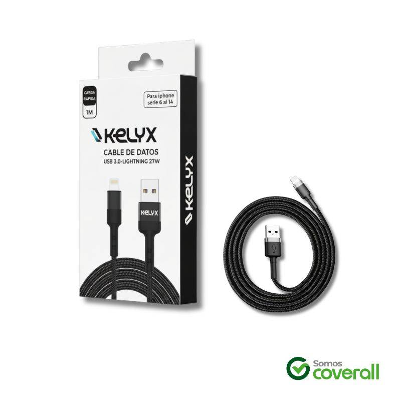 Cable De Datos Kelyx Usb 3.2 Lightning 27W Carga Rapida 1M Nailon Negro