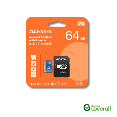 Tarjeta Memoria Micro Sd Adata Premier 64Gb 100Mbps Clase 10 Uhs-I U1 V10 A1 Con Adaptador